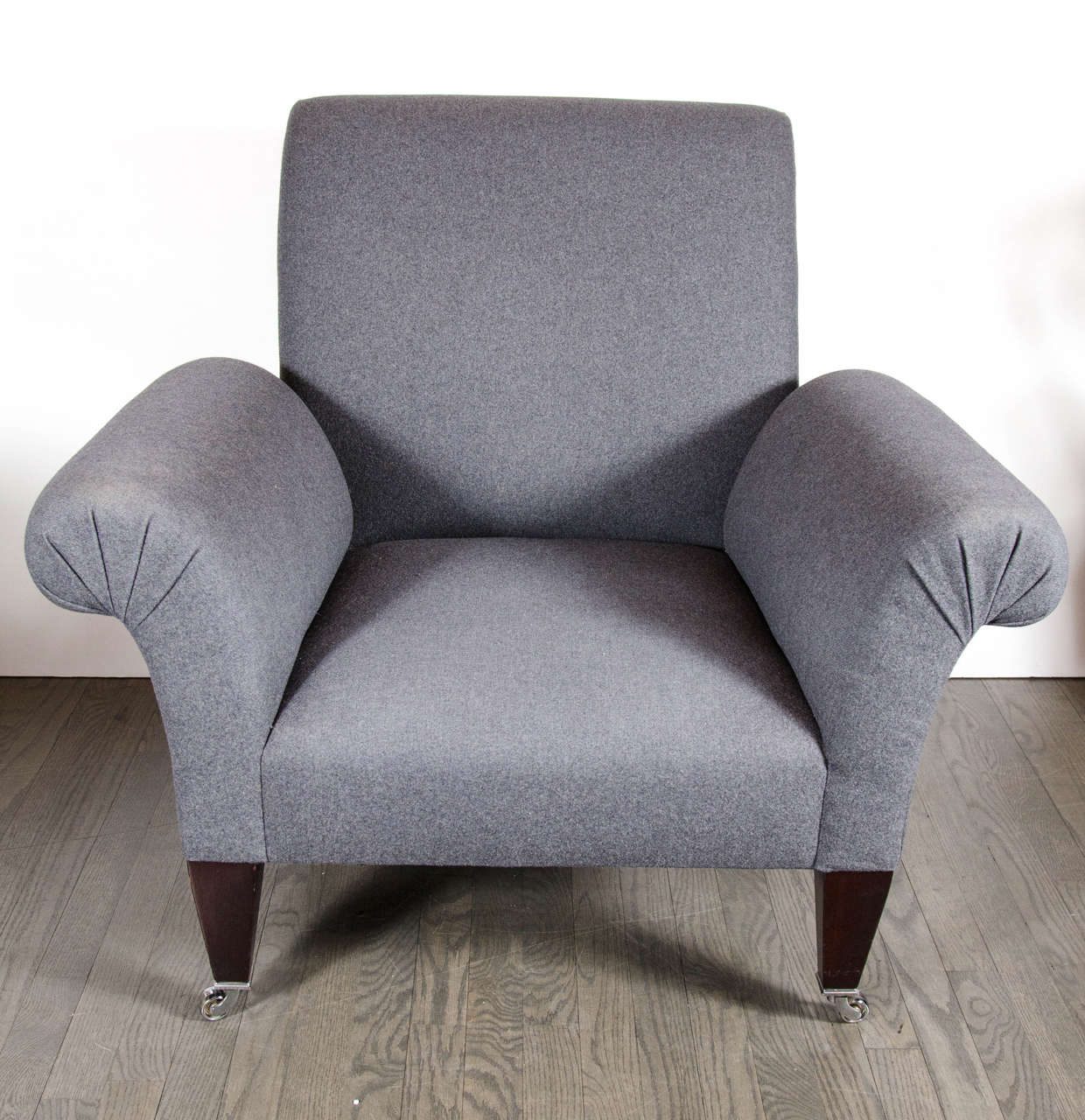 Pair of Modernist Arm Chairs with Scroll Arms in Grey Flannel