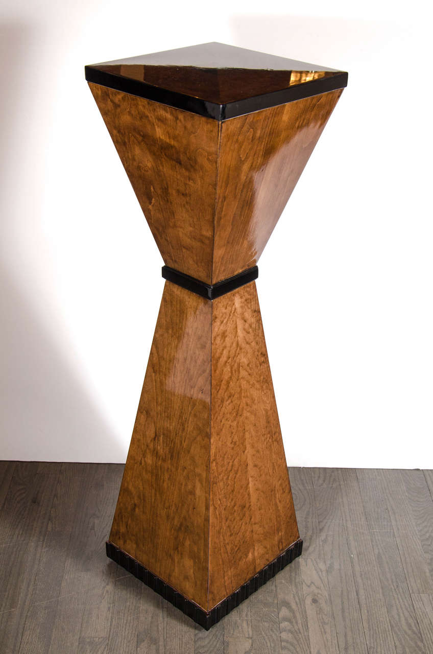 Exceptional Art Deco Inlaid Exotic Wood Pedestal with Black Lacquer