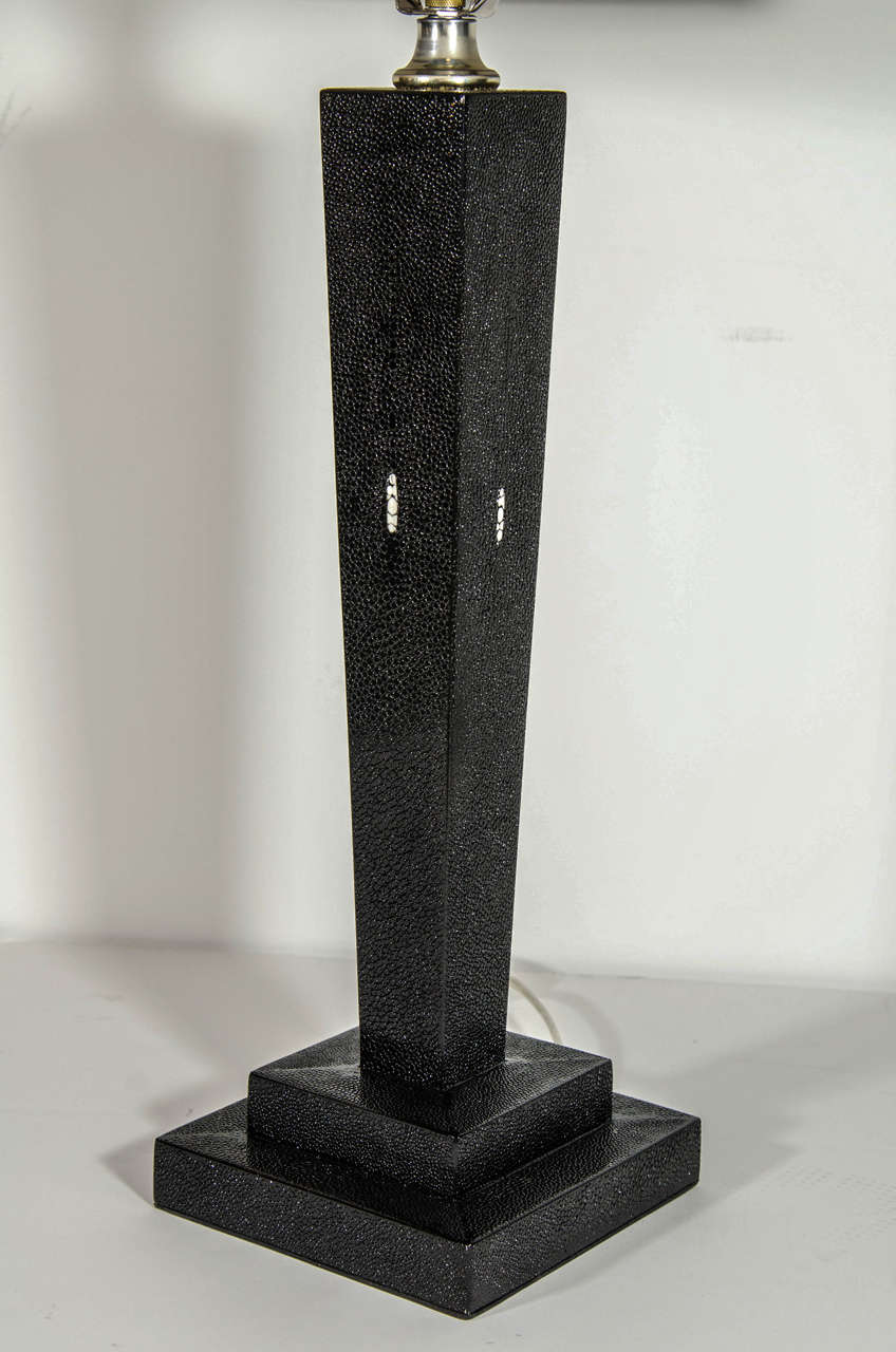 American Elegant Pair of Black Shagreen Column Lamps