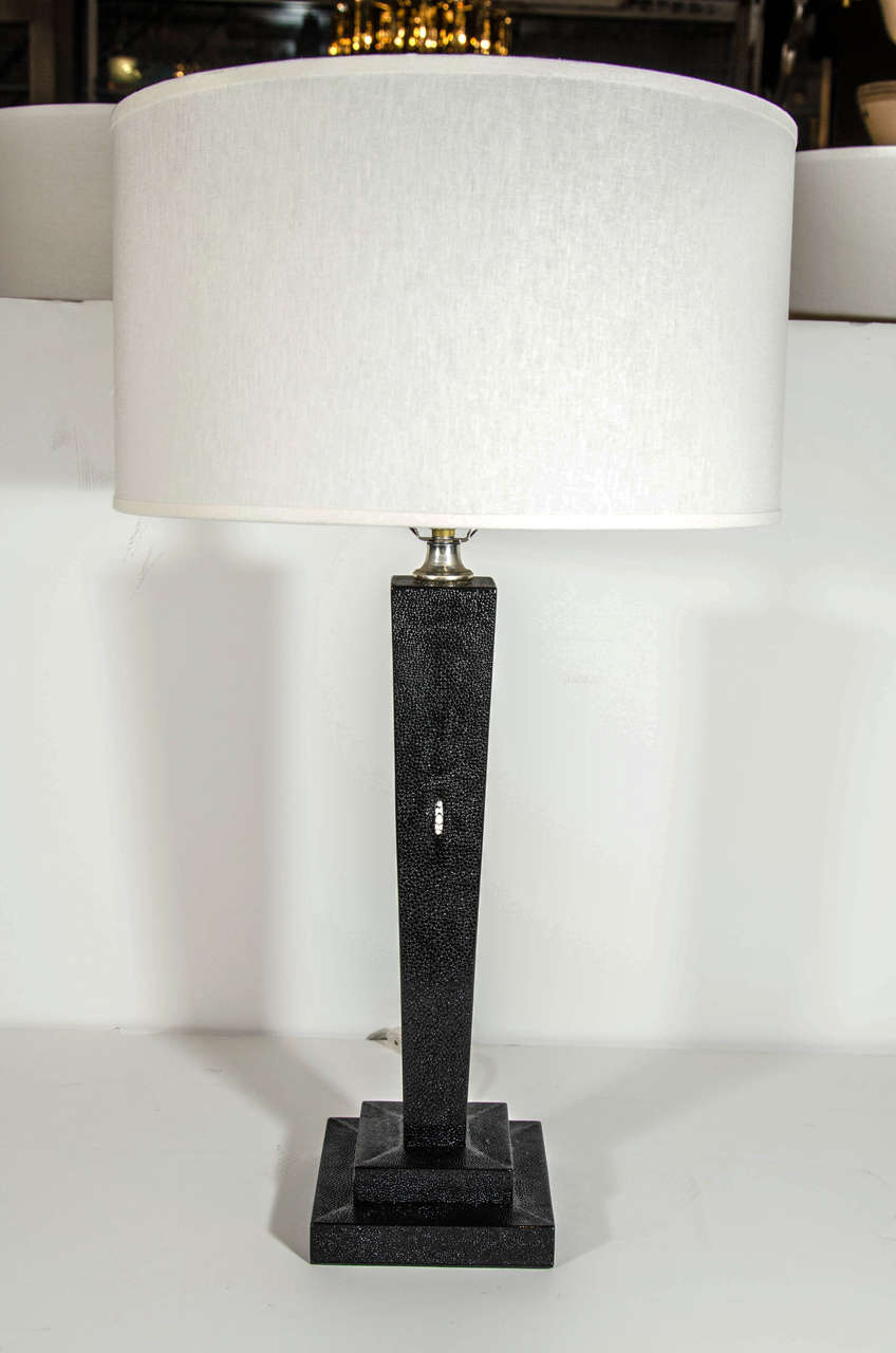 20th Century Elegant Pair of Black Shagreen Column Lamps