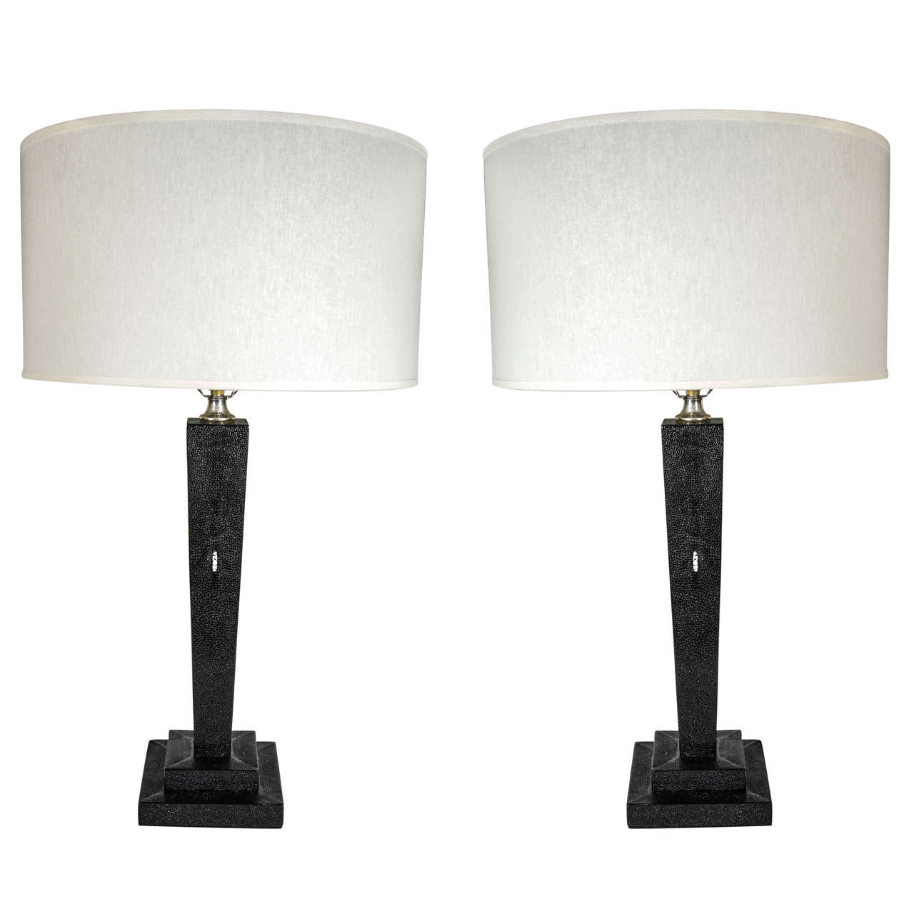 Elegant Pair of Black Shagreen Column Lamps