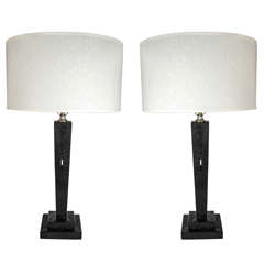 Elegant Pair of Black Shagreen Column Lamps