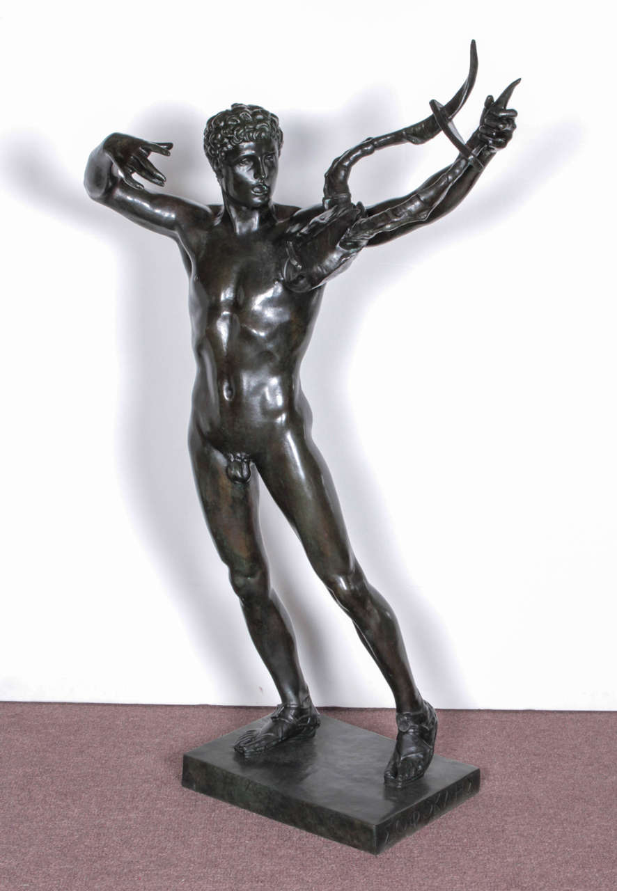 Original American bronze sculpture of The Young Sophocles leading the Chorus of Victory after the battle of Salamis with his Lyre by John Talbott Donoghue.
 Like an Olympic athlete, the young male nude stands tall and proud. 
Artist signed,
