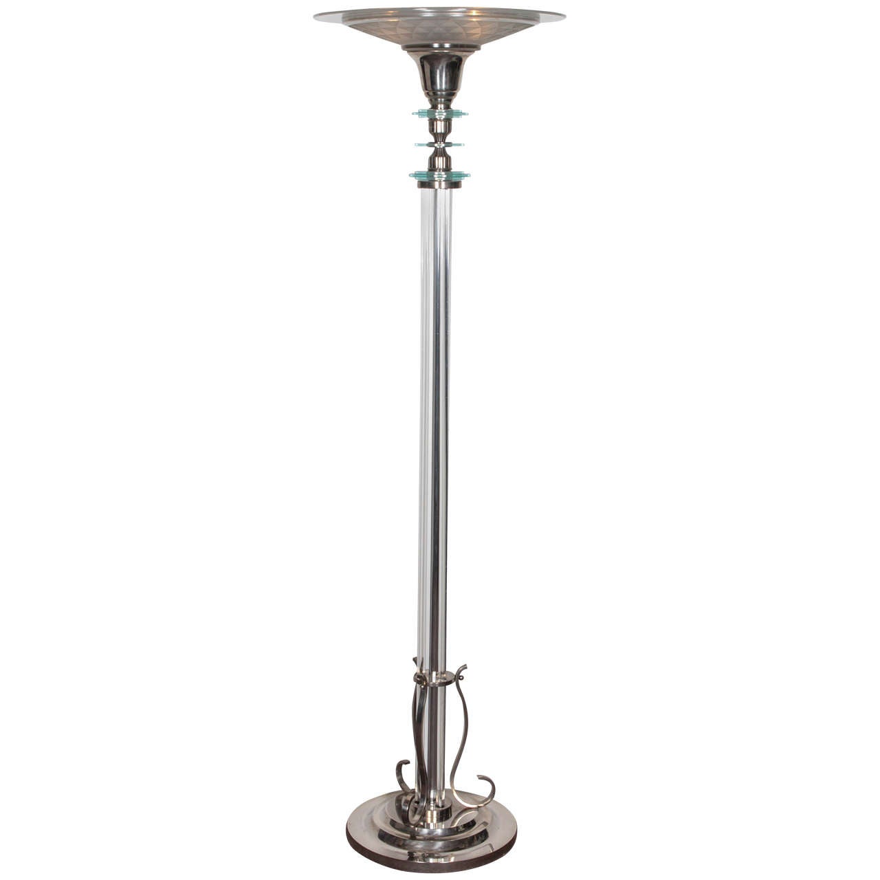 French 1940s Glass Stem and Nickeled Bronze Torchère or Floor Lamp