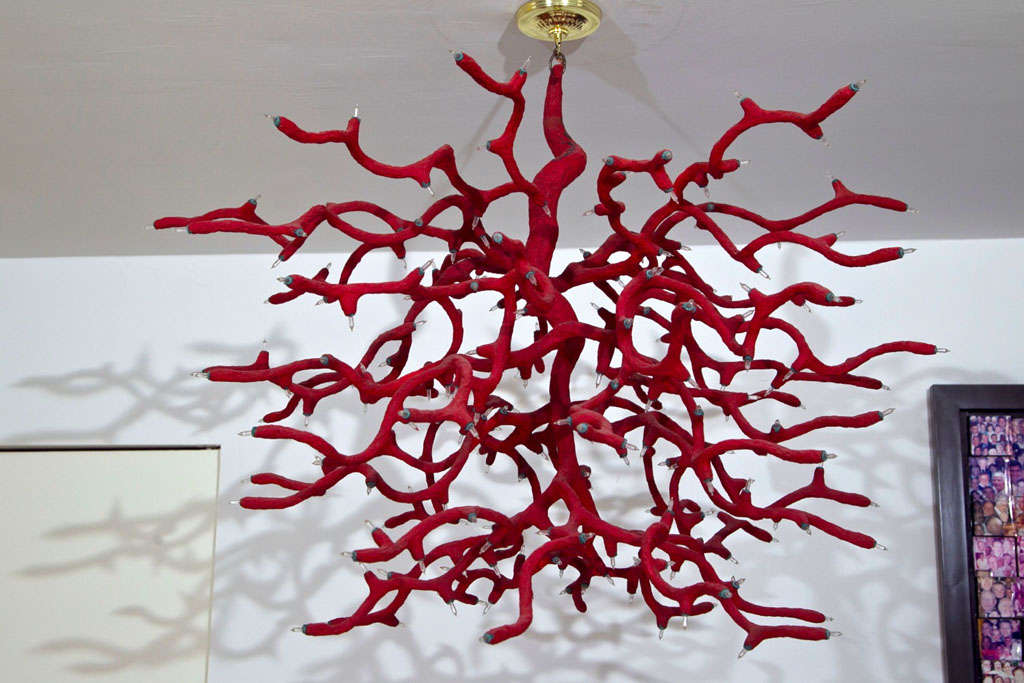 A CORAIL RED CHANDELIER BY FAMED FRENCH DESIGNER OUNOUH. SMALL CHRISTMAS BULBS - RESIN AND PAPER MACHE--MADE IN OUNOUH'S STUDIO IN PARIS