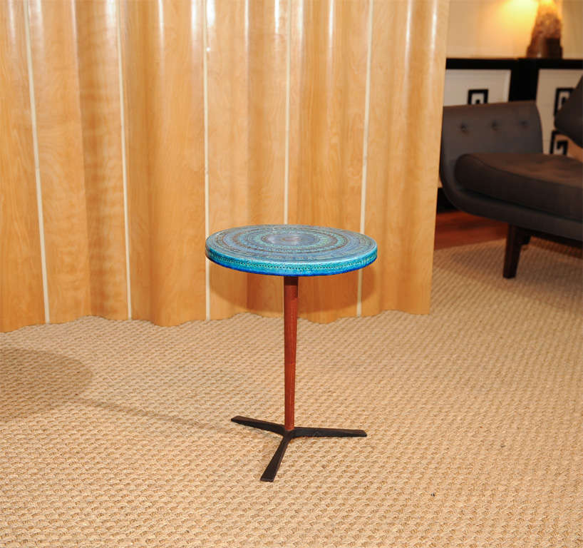 Wonderful Bitossi for Raymor side table. Beautiful blue ceramic table top with teak and metal base. Made in Italy.