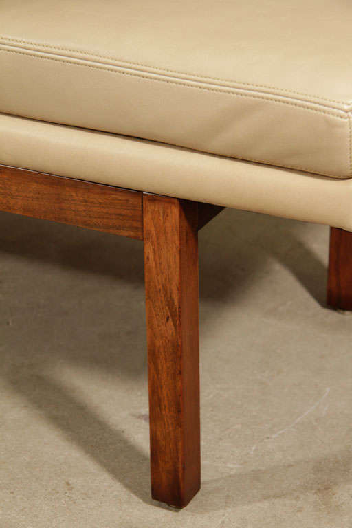 1950's button tufted leather bench-solid walnut frame