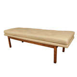 1950's button tufted leather bench-solid walnut frame