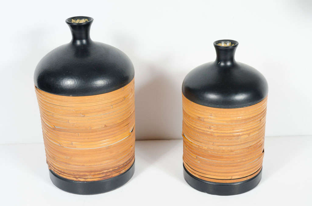 Pair of Ceramic and Cane Wrapped Jug Vases for Raymor 3