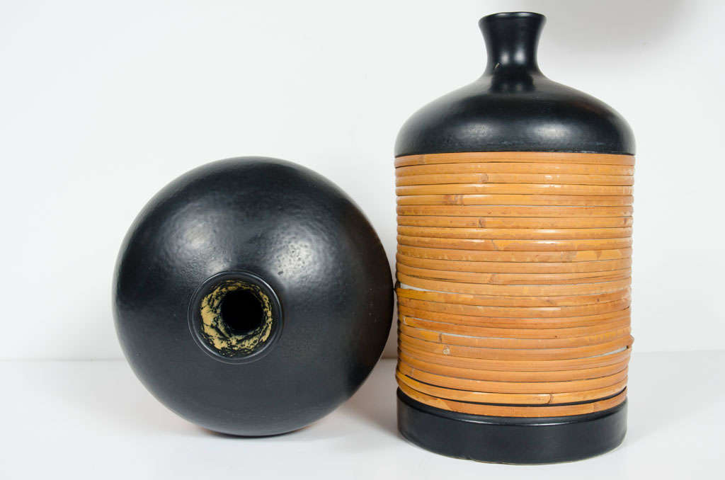 Pair of Ceramic and Cane Wrapped Jug Vases for Raymor 1