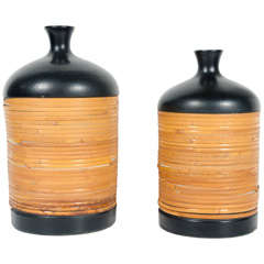 Pair of Ceramic and Cane Wrapped Jug Vases for Raymor