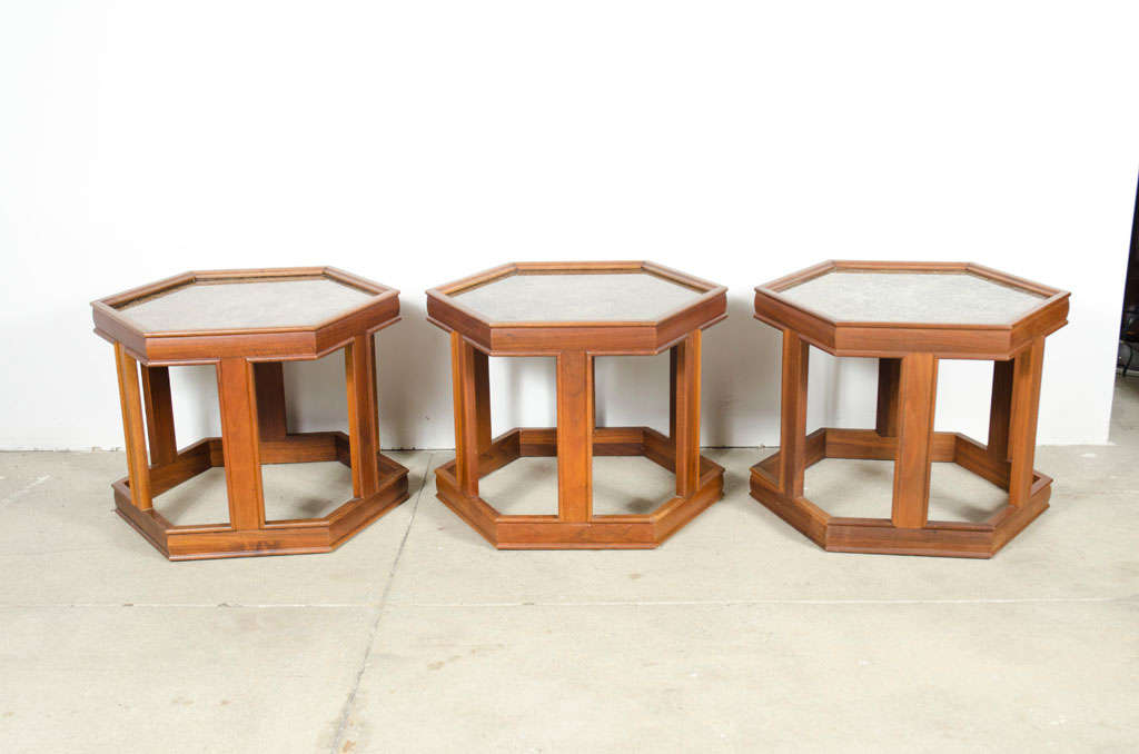Set of Three Hexagonal Copper Topped End Tables by John Keal For Sale ...