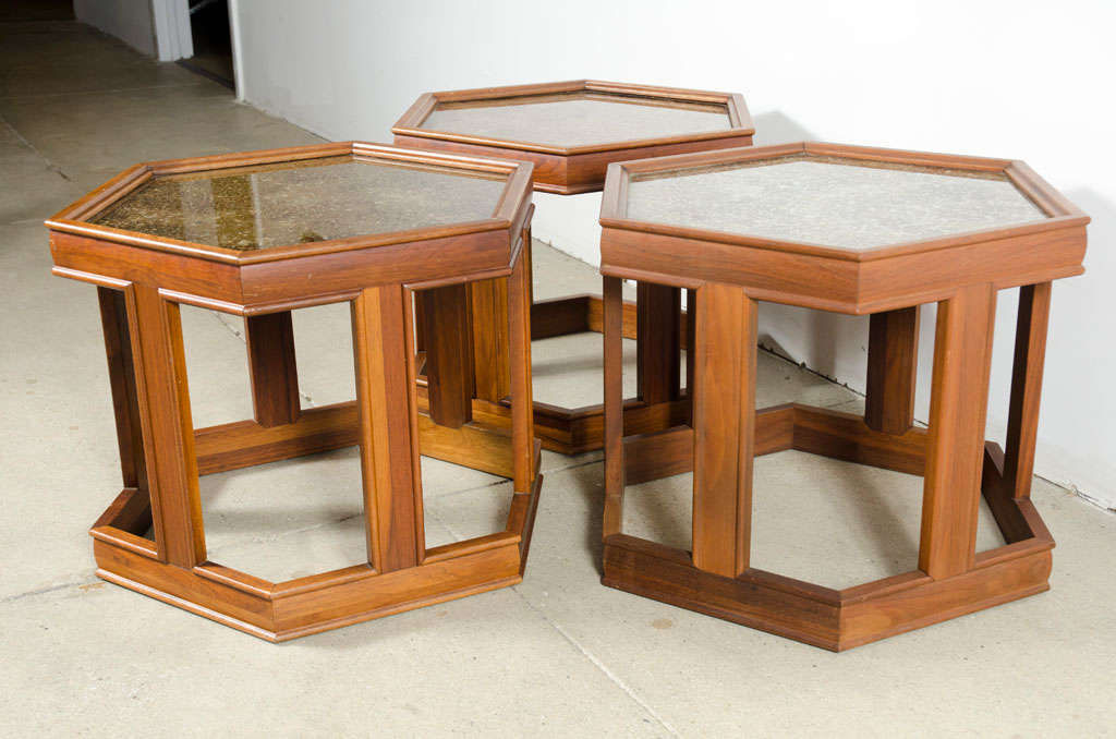 Set of Three Hexagonal Copper Topped End Tables by John Keal For Sale