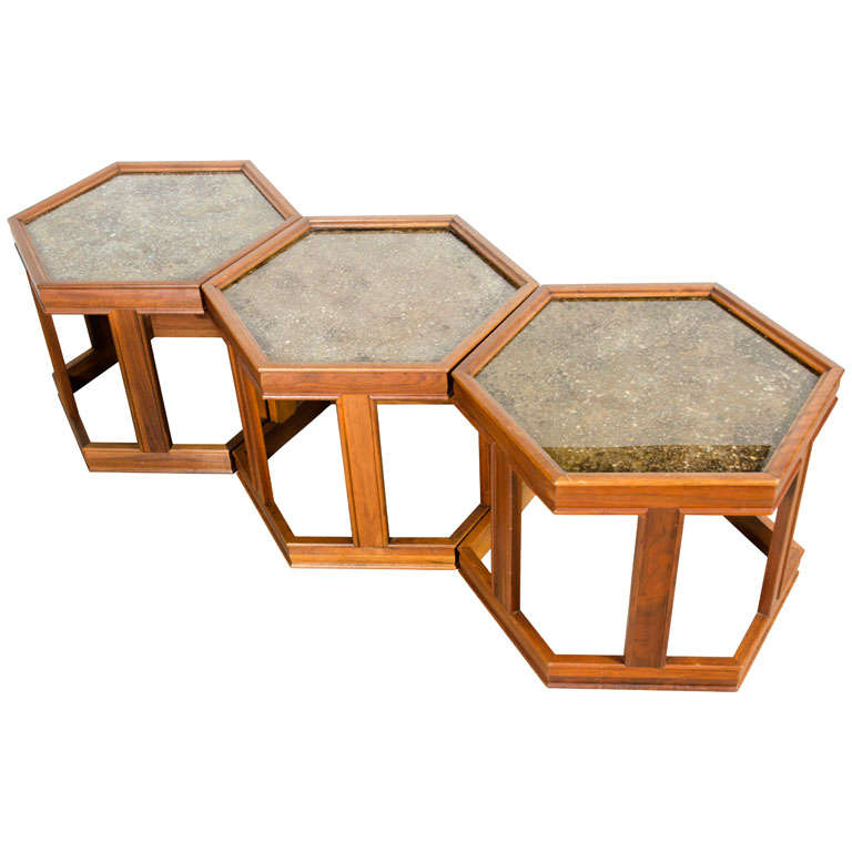 Set of Three Hexagonal Copper Topped End Tables by John Keal For Sale