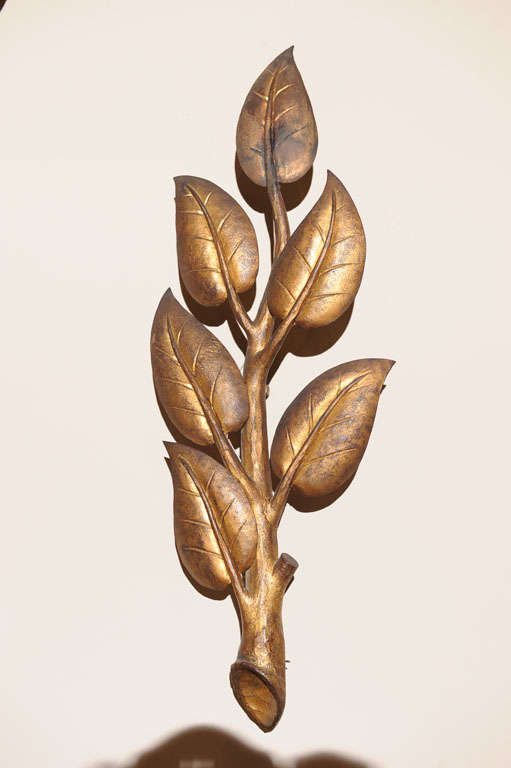 An exceptional pair of gilt-leaf, wrought iron, two-light wall sconces, depicting branches with leaves by Gilbert Poillerat, France, circa 1950.