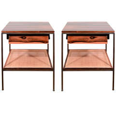 Pair of ebony, cane and oiled bronze bedside tables