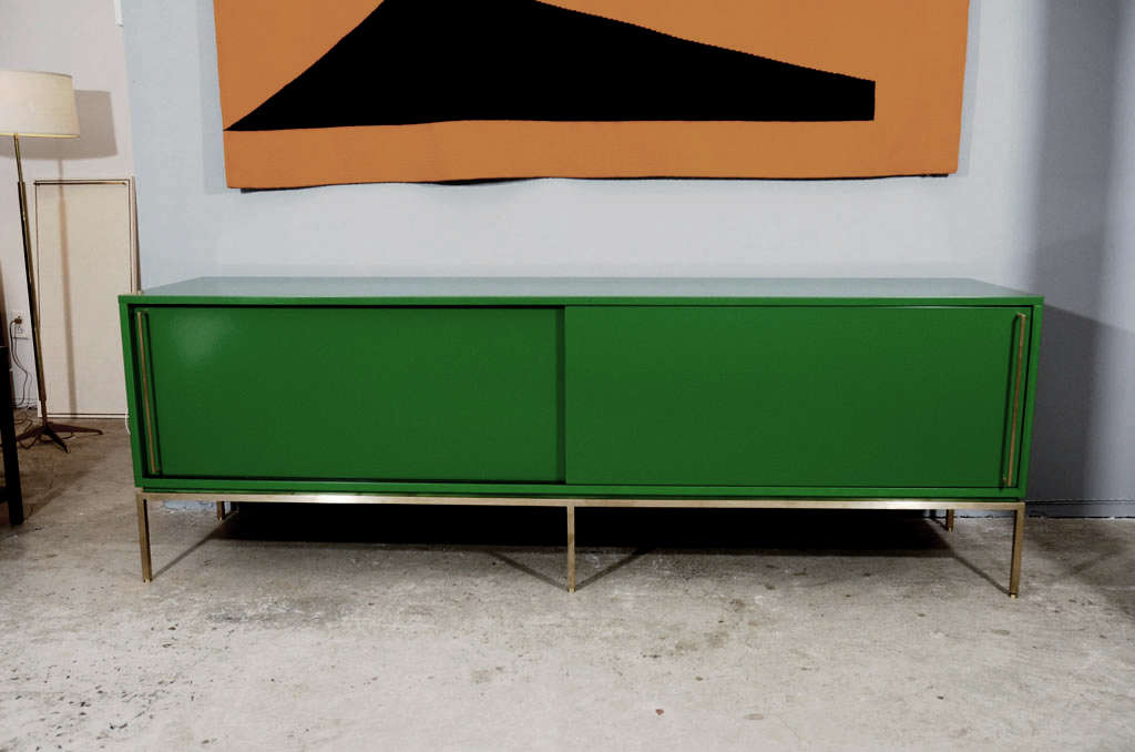 re: 379 Green Lacquered Sliding Door Credenza on Satin Brass Base In Excellent Condition In New York, NY