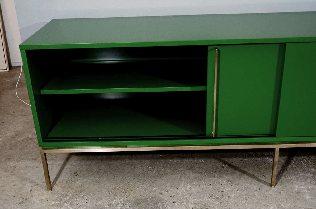 Green Lacquered Sliding Door Credenza on Satin Brass Base For Sale at
