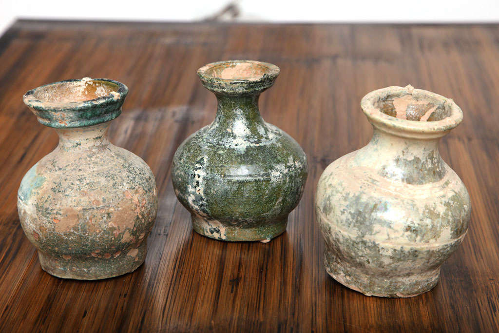 trio of rustic Han dynasty mini "hu" jars