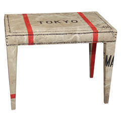 custom bench/table upholstered in vintage Japanese mail bag