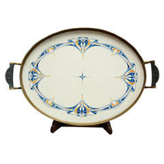 German Jugenstil pewter, brass and pottery tray