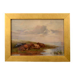 Small signed oil painting of cows resting