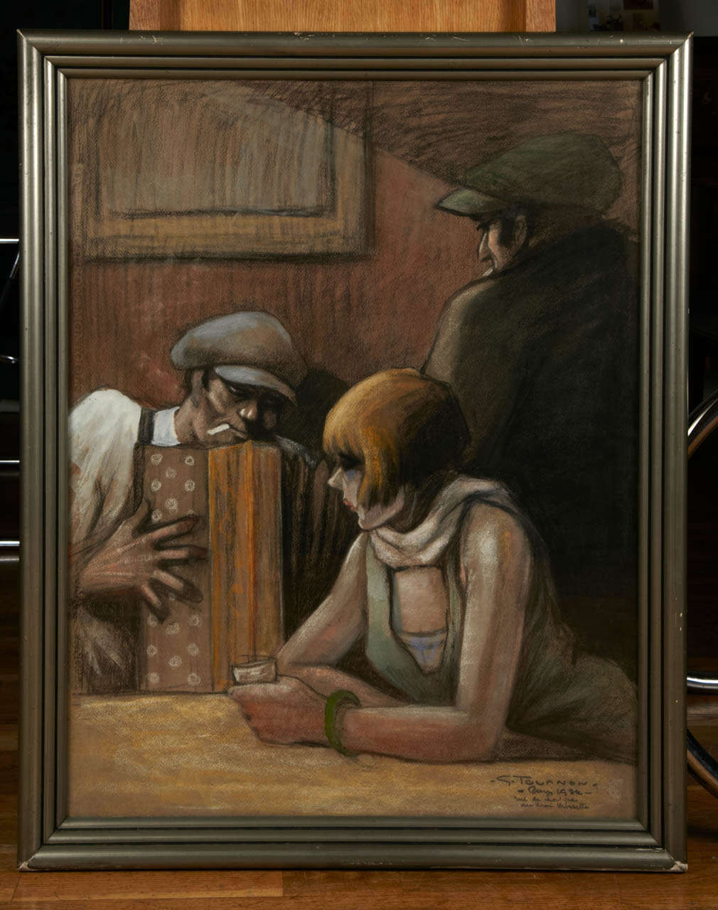 George Tournon (active between 1928 and 1958) pastel representing a scene at a French bal musette on the Paris rue de Lappe. Signed G. Tournon, located in Paris and dated 1934. Title at the bottom right 