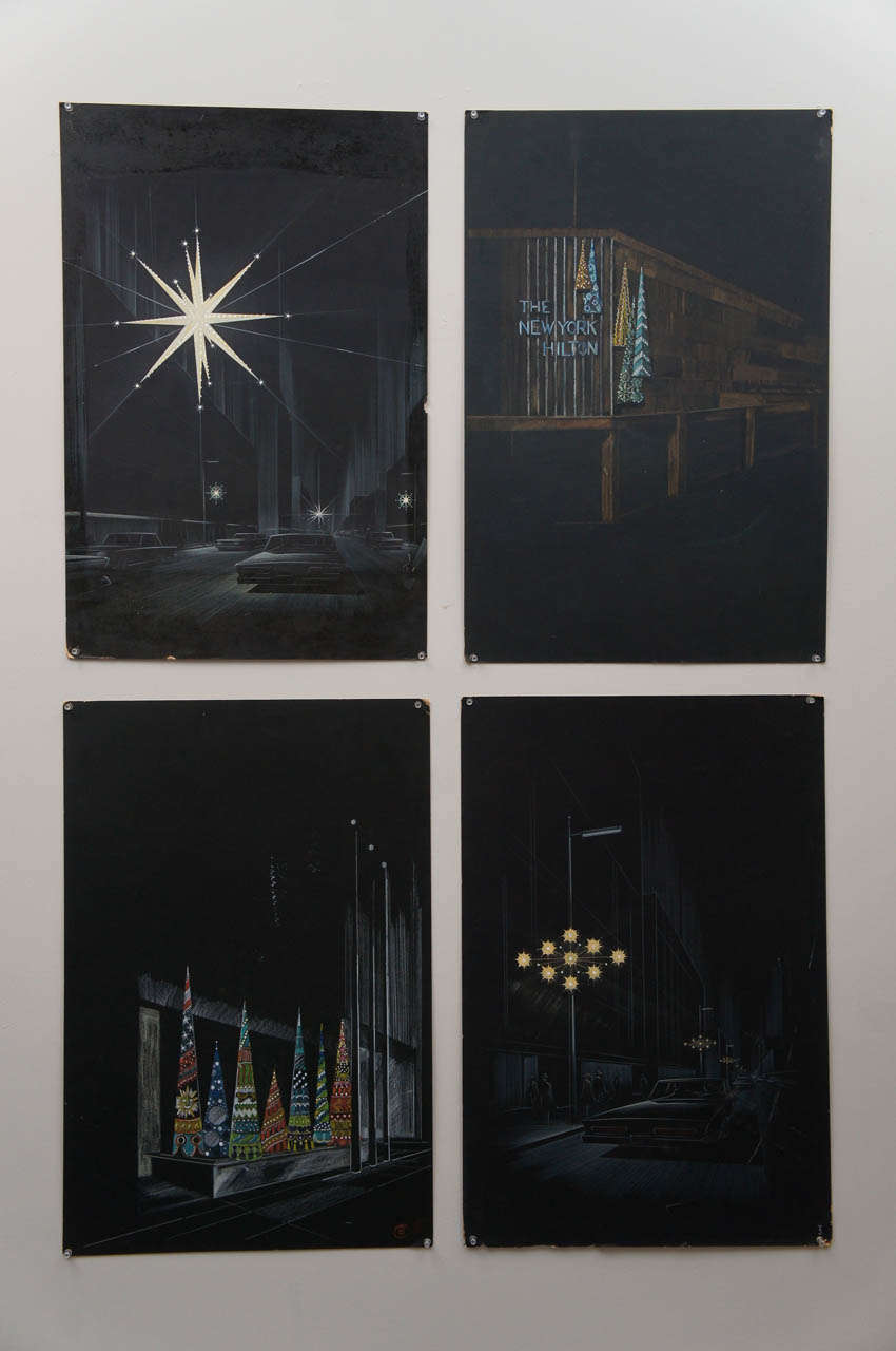 Four concept drawings of the Holidays from the firm Peter Corn Associates 576 Park Ave. NY NY, dated 1966. I believe that is the star on Fifth Ave and 57th St, and the NY Hilton at Rockefeller Center. Striking and one of a kind.