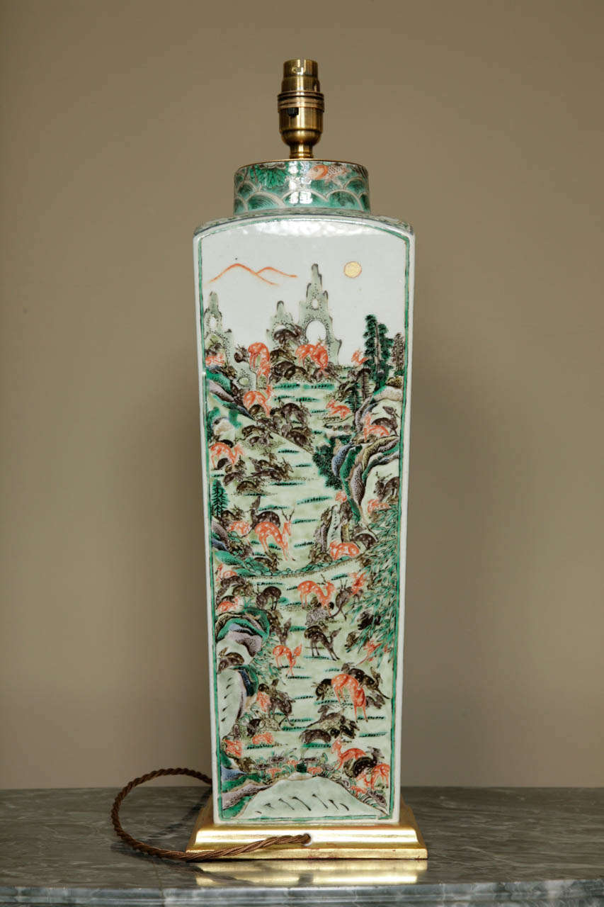 Porcelain A Tall Famille Verte Square Vase, Lamped