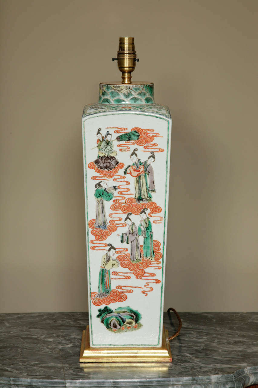 A Tall Famille Verte Square Vase, Lamped 2