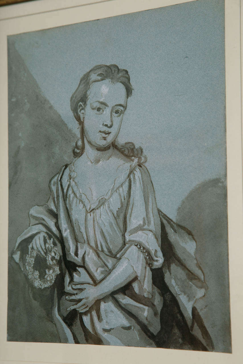 British Pair of Early 18th Century Portrait Drawings Attributed to Byng For Sale