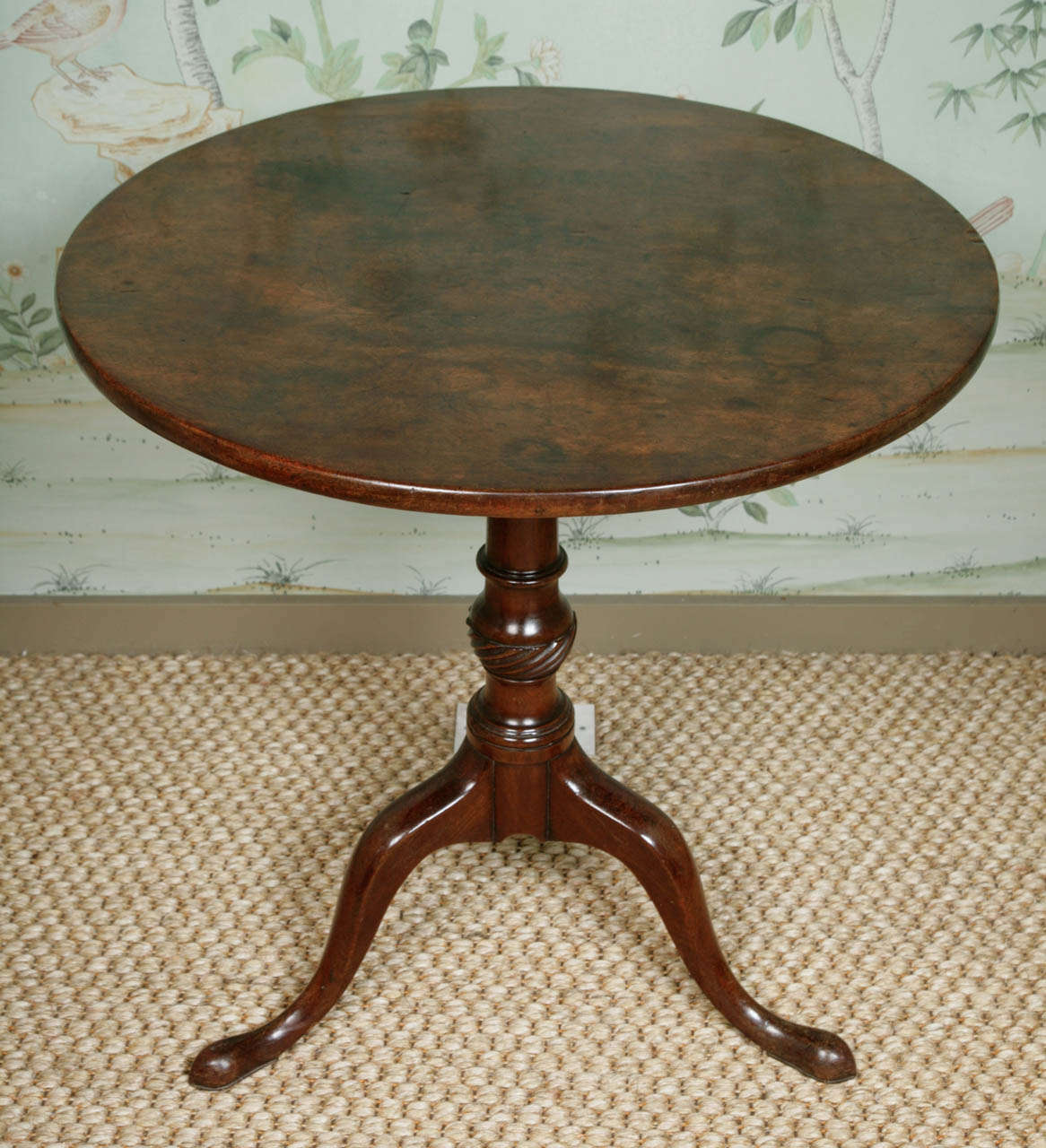 George III mahogany ‘birdcage’ table. One piece figured top above a revolving birdcage mechanism on turned pedestal and shaped cabriole legs circa. 1760. Lovely plum pudding mahogany top, nice colour and patina.