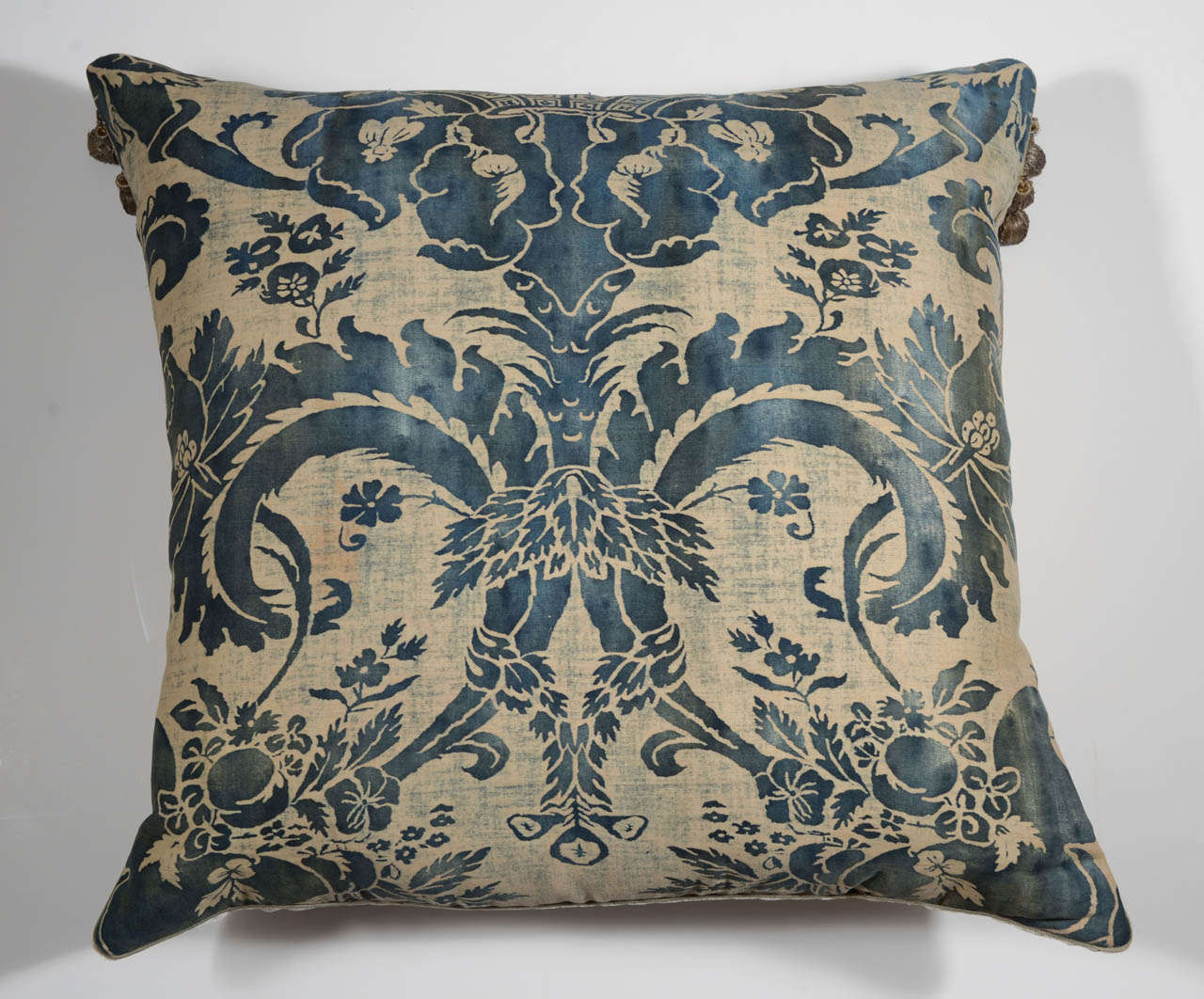 We found this custom made pillow with vintage rare Fortuny fabric from the 1940's. All Fortuny fabric is hand blocked in Venice, from historical patterns.  Beautiful large 