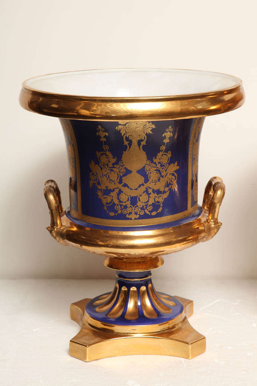 Pair of French, Blue Ground, Gilded Neo-Classical Urns In Excellent Condition In New York, NY
