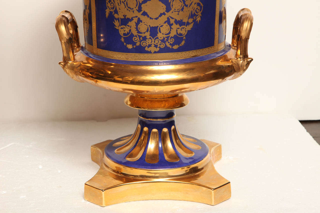 20th Century Pair of French, Blue Ground, Gilded Neo-Classical Urns