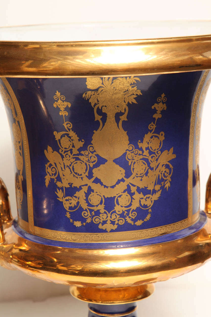 Pair of French, Blue Ground, Gilded Neo-Classical Urns 3