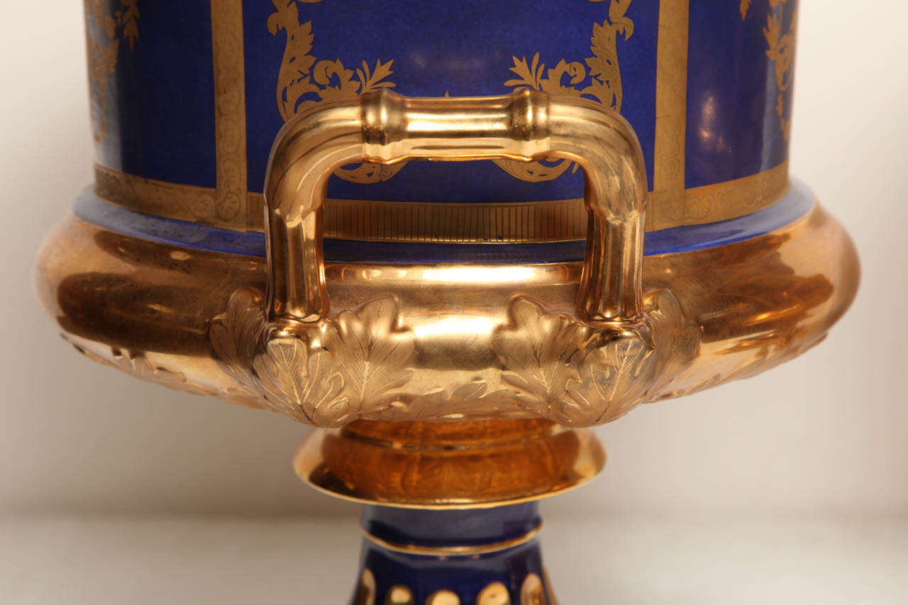 Pair of French, Blue Ground, Gilded Neo-Classical Urns 4