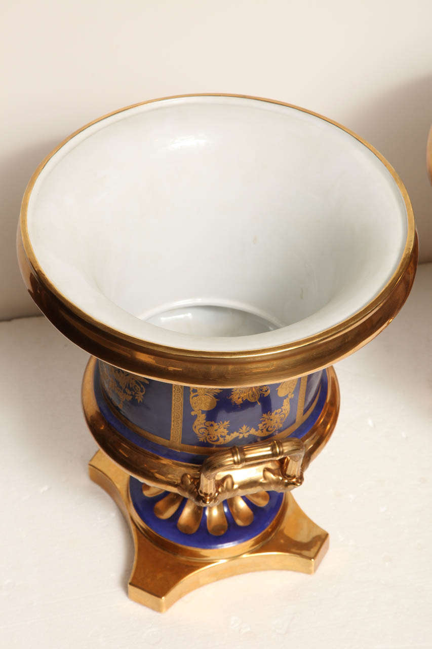 Pair of French, Blue Ground, Gilded Neo-Classical Urns 5