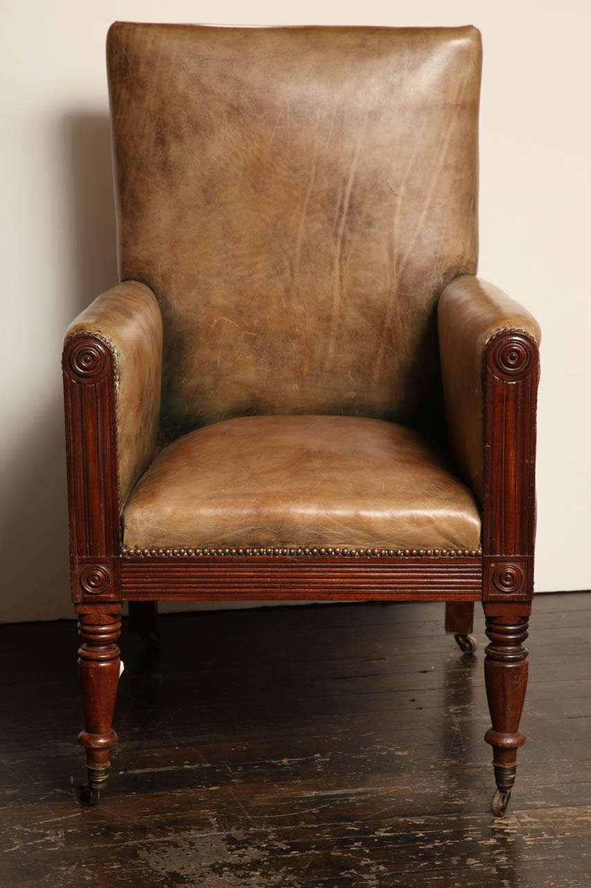 19th Century English,Leather Upholstered Library Armchair
