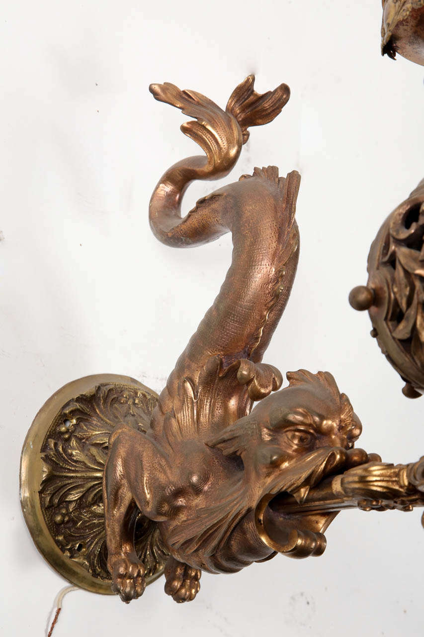 Pair of Solid Cast Bronze Victorian Dolphin Sconces 1