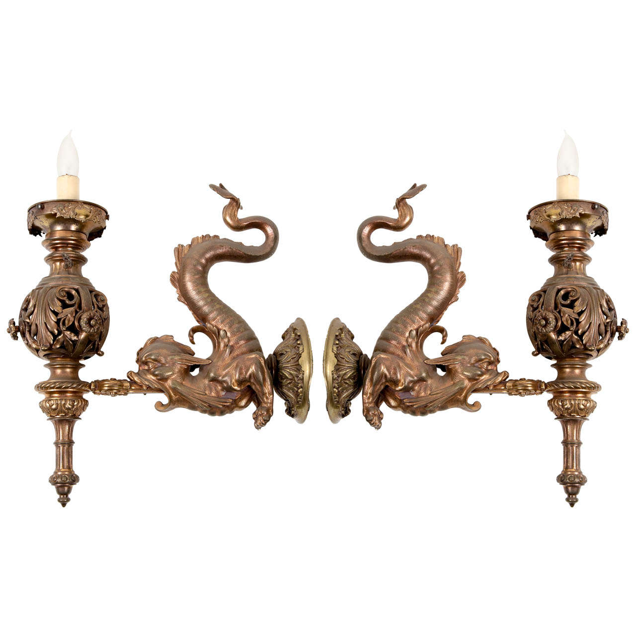Pair of Solid Cast Bronze Victorian Dolphin Sconces