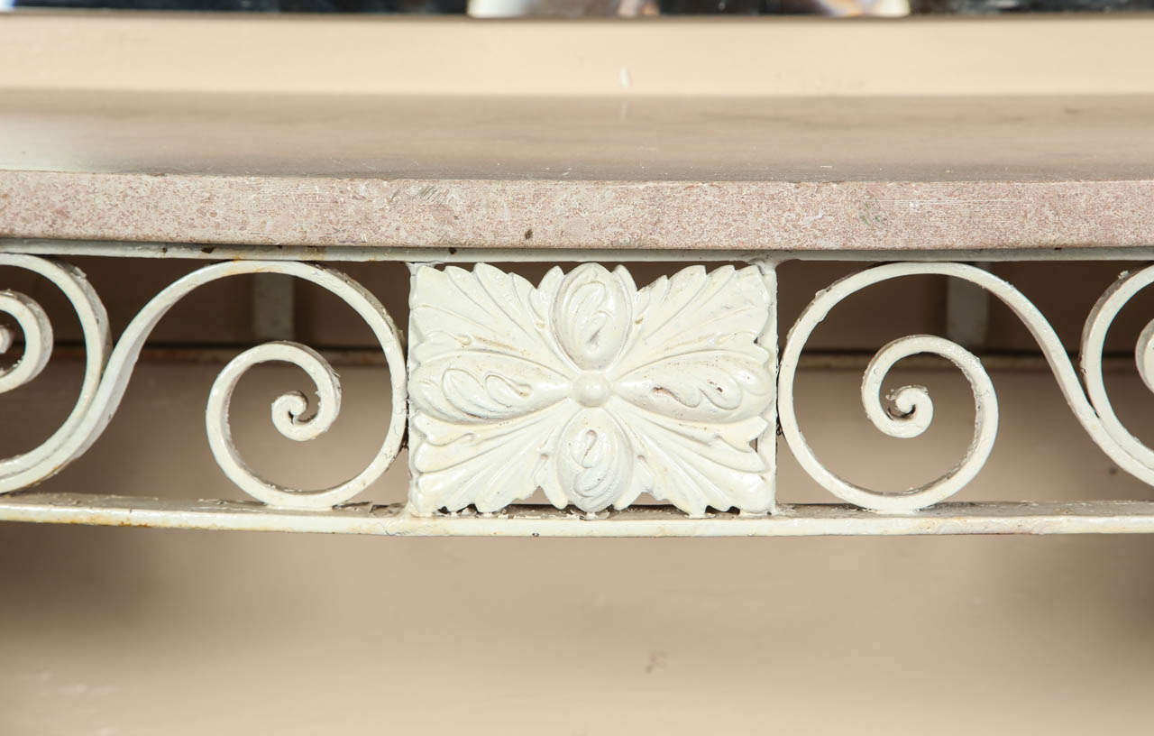 1980s White Cast Iron Console Table with a Pink Marble Top in a Floral Design 5