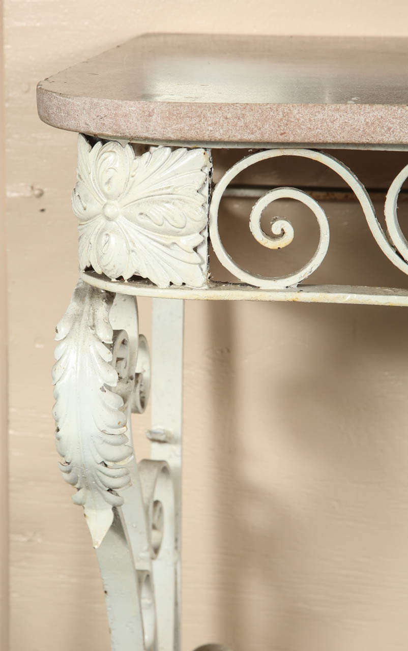 American 1980s White Cast Iron Console Table with a Pink Marble Top in a Floral Design