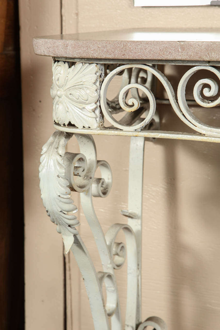 1980s White Cast Iron Console Table with a Pink Marble Top in a Floral Design 1