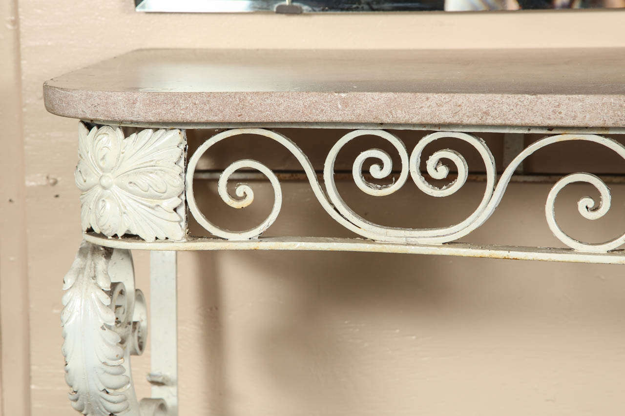 1980s White Cast Iron Console Table with a Pink Marble Top in a Floral Design 2