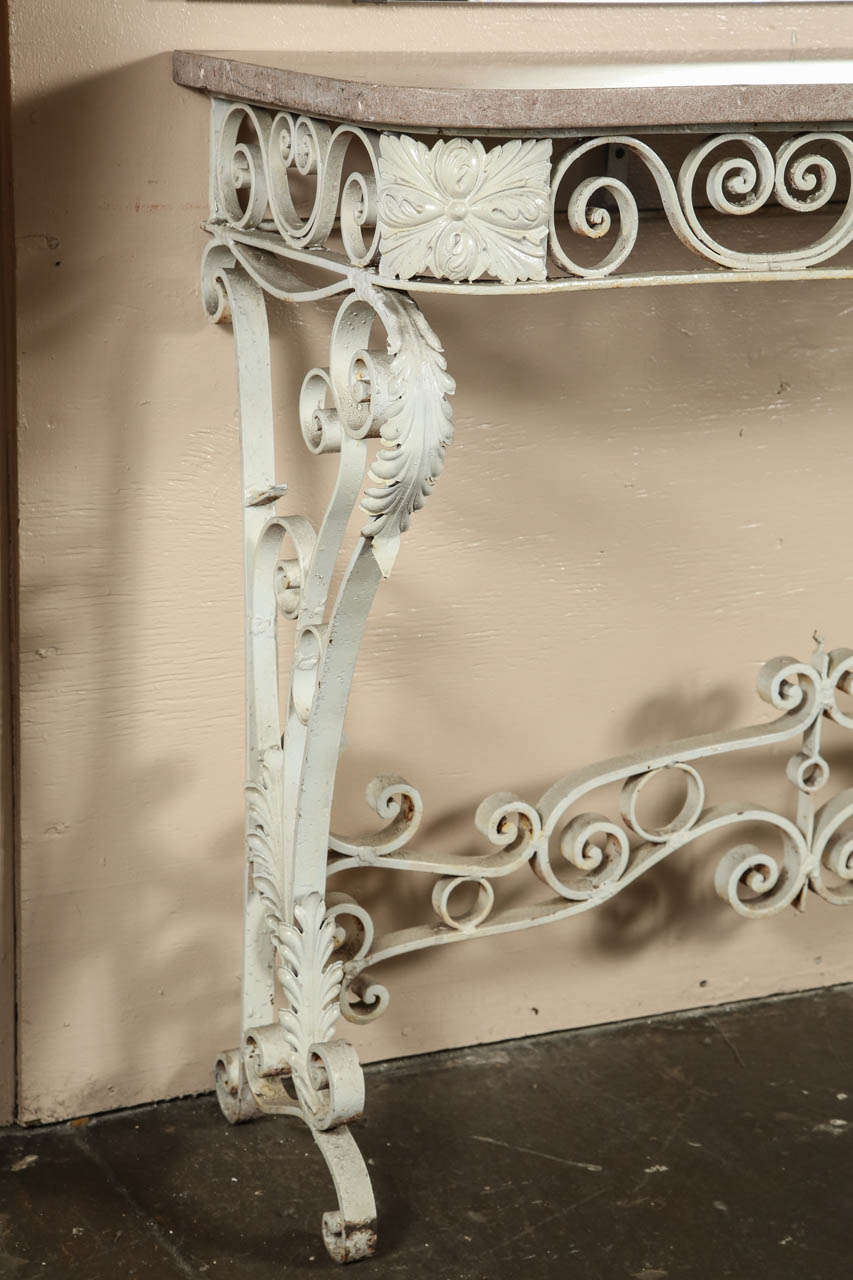 1980s White Cast Iron Console Table with a Pink Marble Top in a Floral Design 3