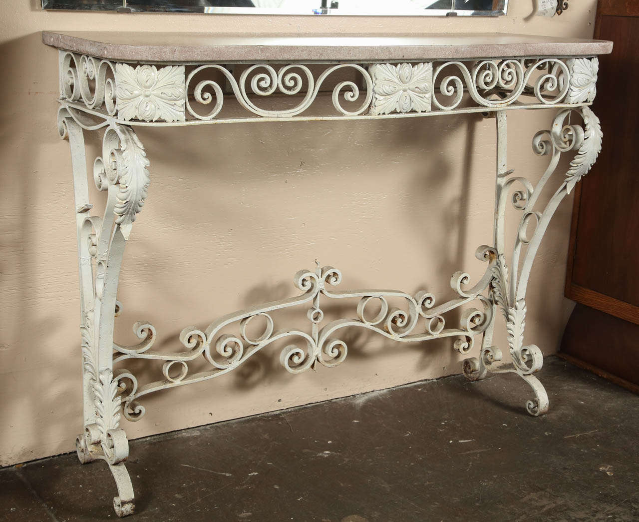 1980s White Cast Iron Console Table with a Pink Marble Top in a Floral Design 4