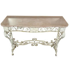 1980s White Cast Iron Console Table with a Pink Marble Top in a Floral Design