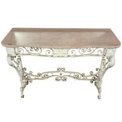 1980s White Cast Iron Console Table with a Pink Marble Top in a Floral Design 12