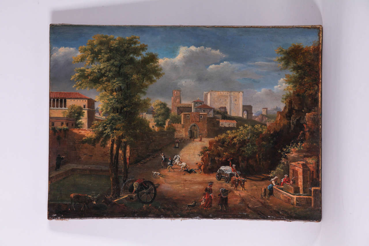 Grand Tour Italian painter (?), Italian rural street view, oil on canvas, Late 18th Century For Sale